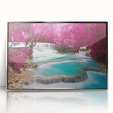 Mid-century modernist art depicting a serene Laos scenery in muted earth tones, framed acrylic, ideal for nursery wall decor.