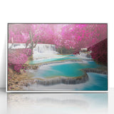 Art deco poster of Laos scenery in muted green and blue tones, acrylic print framed in white.