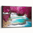 Black and white framed canvas featuring a vintage-style landscape painting of Laos, ideal for bedroom wall decor.