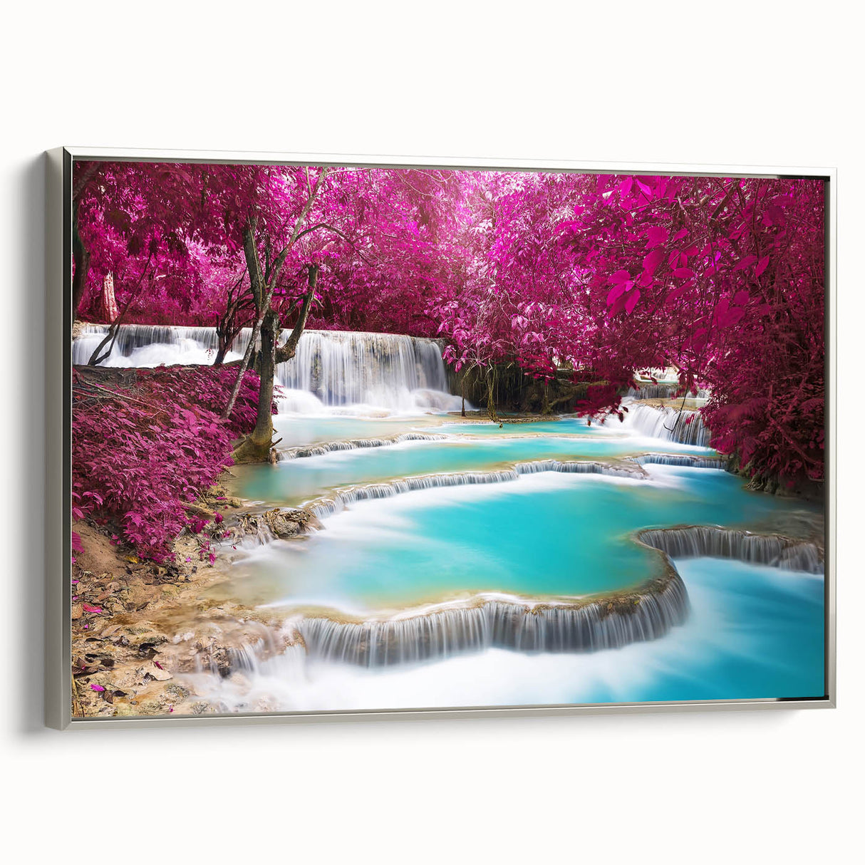 Landscape art painting of a Laotian scenery on a framed canvas, featuring vibrant colors and vintage poster style.