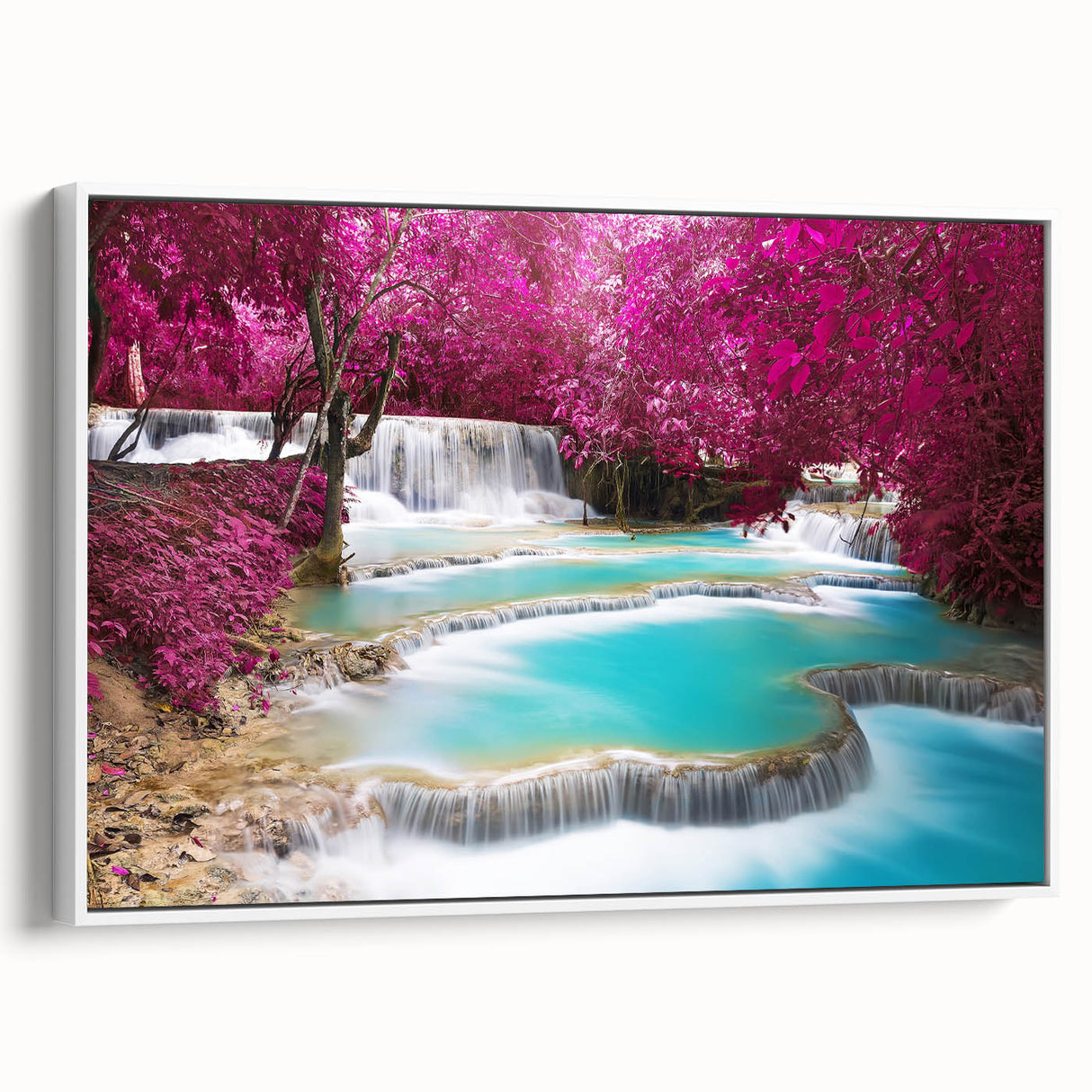 Vintage poster art of a Laos scenery on framed canvas, featuring vibrant colors, ideal for living room decor.