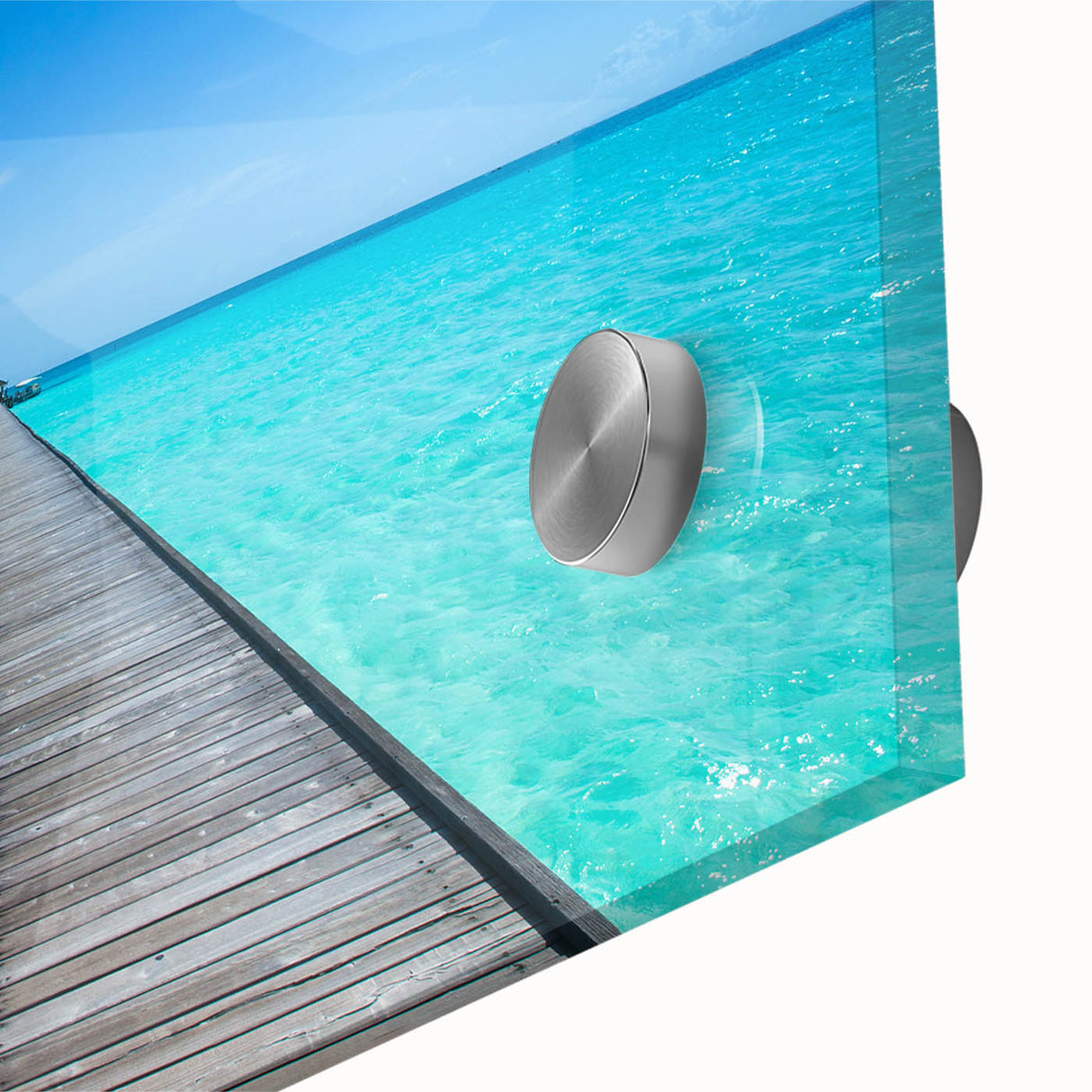 Large abstract wall art of Maldivian scenery on acrylic glass, in blue and green tones, ideal for dining room art.