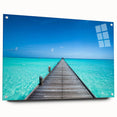 Acrylic print of a serene Maldivian beach scene in soft blue and white tones, suitable for bedroom or dining room decor.