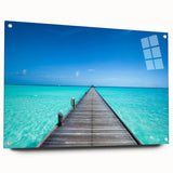 Acrylic print of a serene Maldivian beach scene in soft blue and white tones, suitable for bedroom or dining room decor.