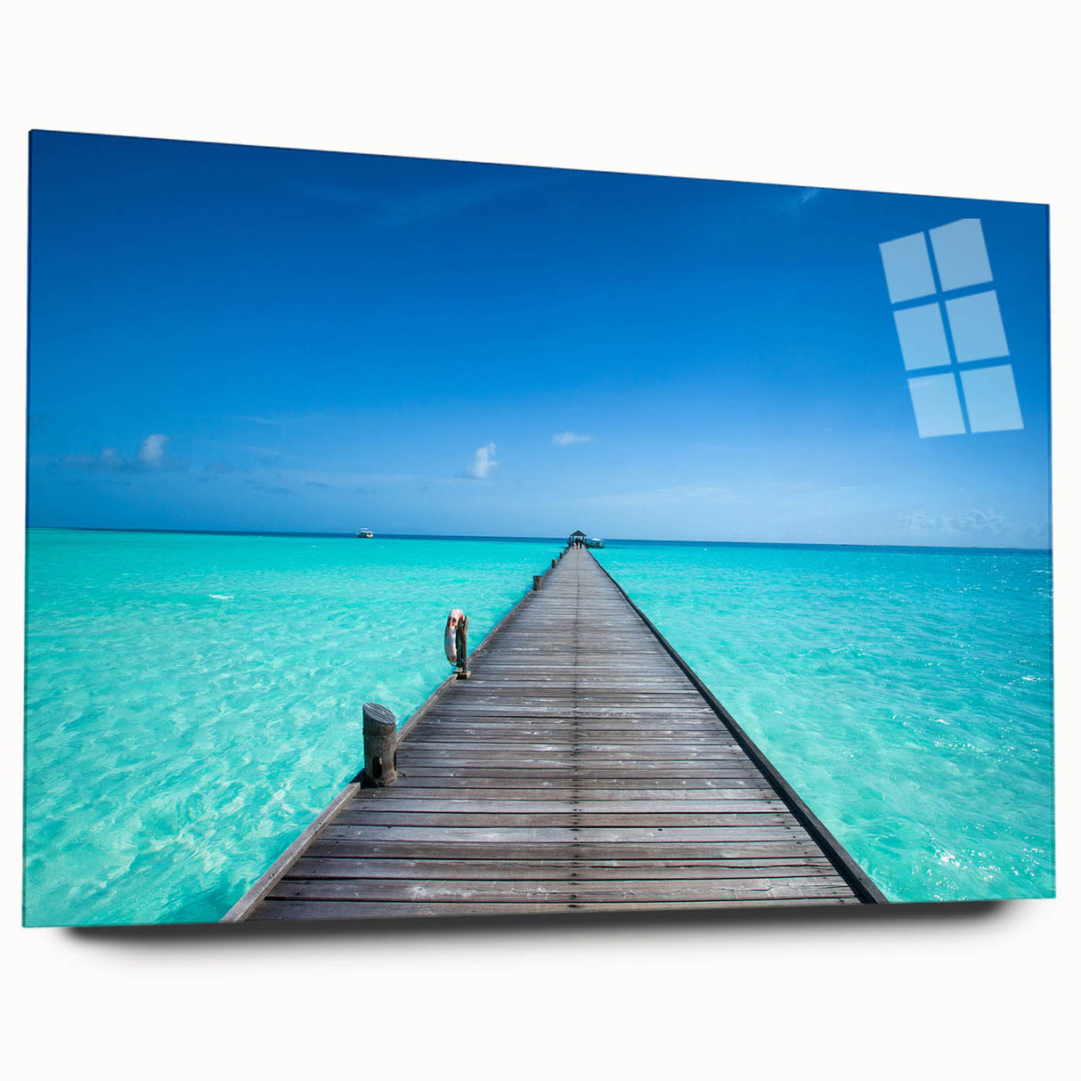 Acrylic print of a serene Maldivian seascape with soft blue and turquoise hues, ideal for bedroom or dining room art.