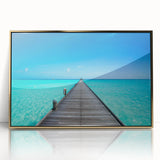 Framed acrylic print of a serene Maldives beachscape in soft blue and white hues, ideal for modern art wall decor.