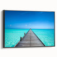 Black and white landscape art painting of the Maldives on a framed canvas, suitable for bedroom wall decor.