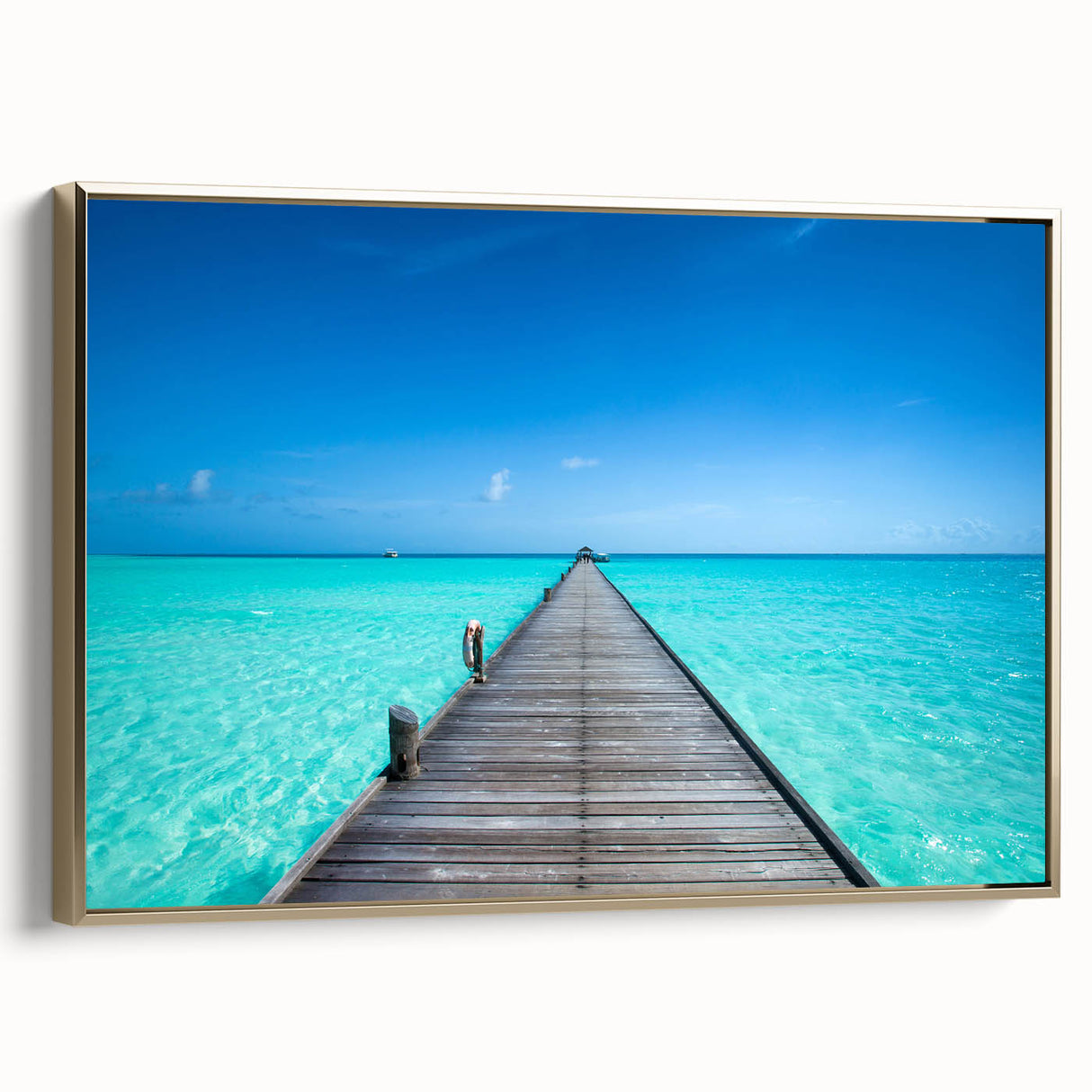 Framed canvas featuring a serene Maldivian landscape in muted blue and green tones, ideal for bedroom wall art.