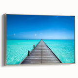 Framed canvas landscape art painting featuring a serene Maldives beach scene in pastel shades, ideal for living room decor.
