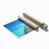Extra large rolled print of a Maldivian beach scene with vibrant blues and greens, suitable as classy bathroom wall art.
