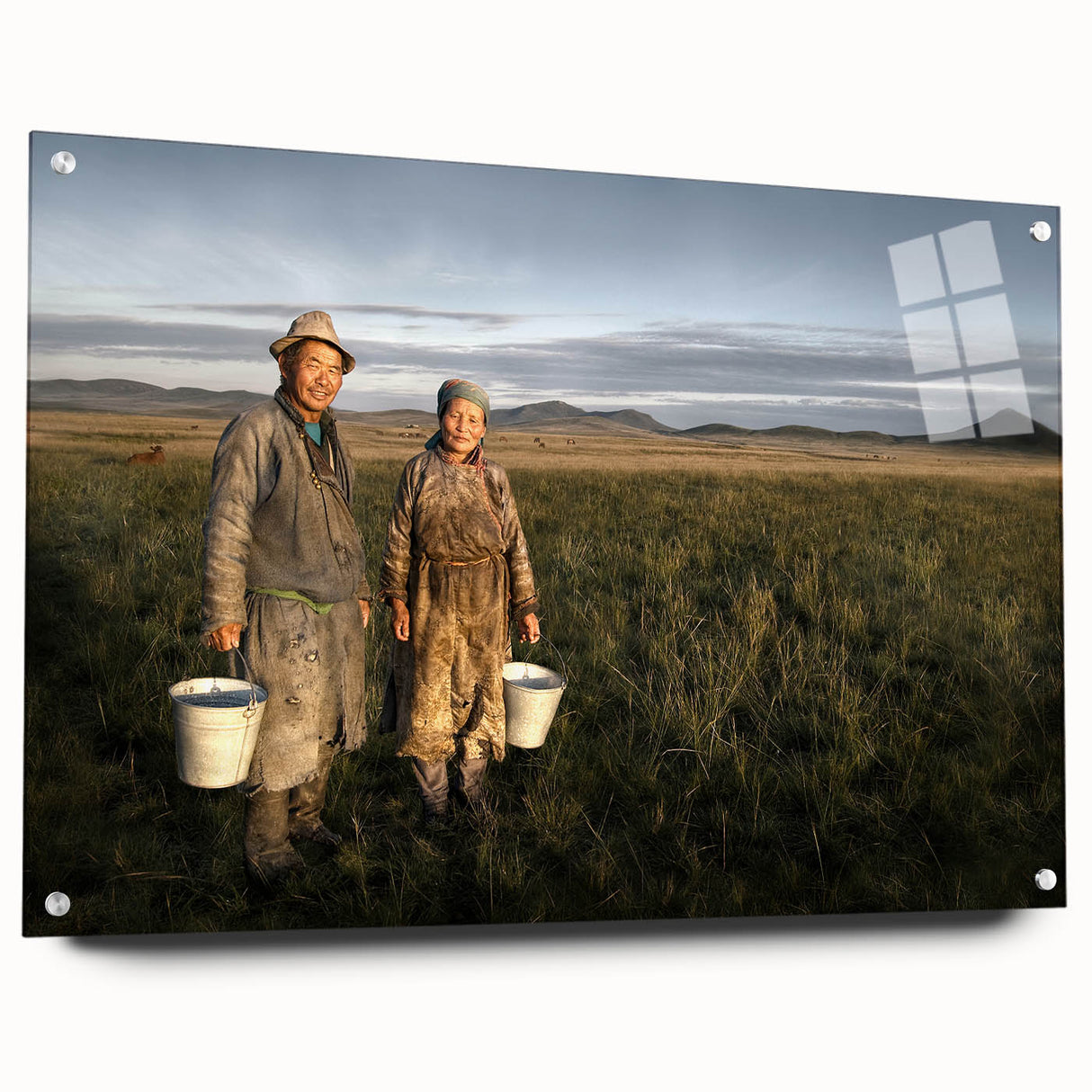 Large abstract wall art depicting a Mongolian landscape on acrylic glass, in muted earth tones.