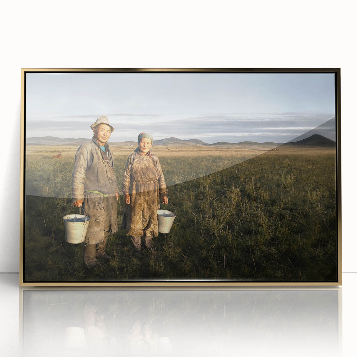 Framed acrylic print of a Mongolian landscape in muted earth tones, ideal for modern art wall decor.