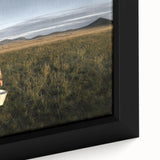 Extra large framed canvas featuring a textured depiction of a Mongolian landscape in black with colorful art accents.
