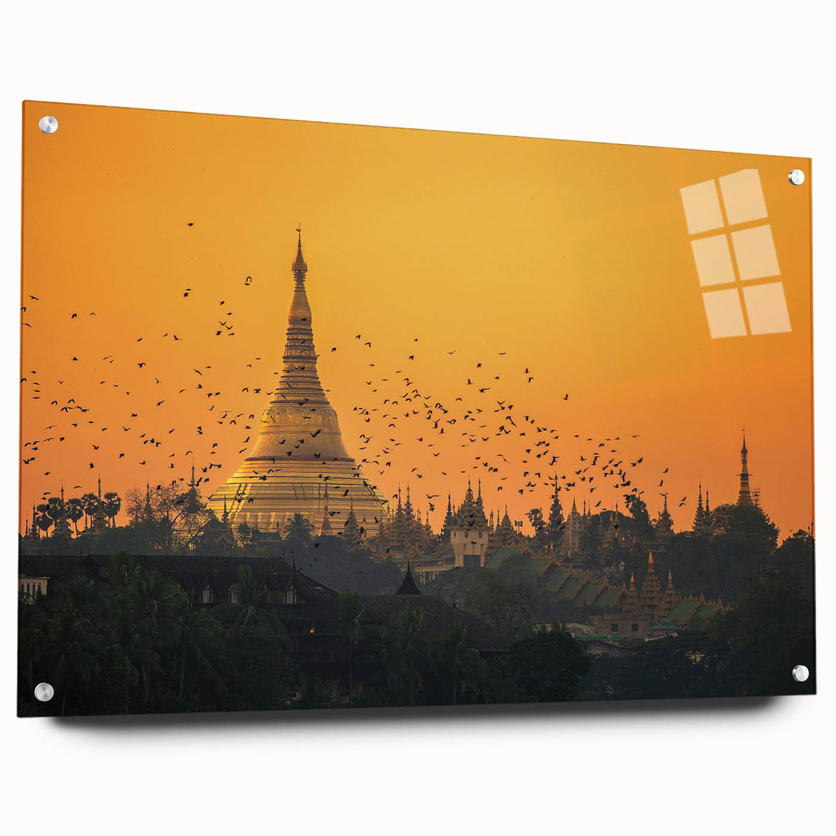 Acrylic print of a serene Myanmar landscape in muted earth tones, ideal for dining room decor.