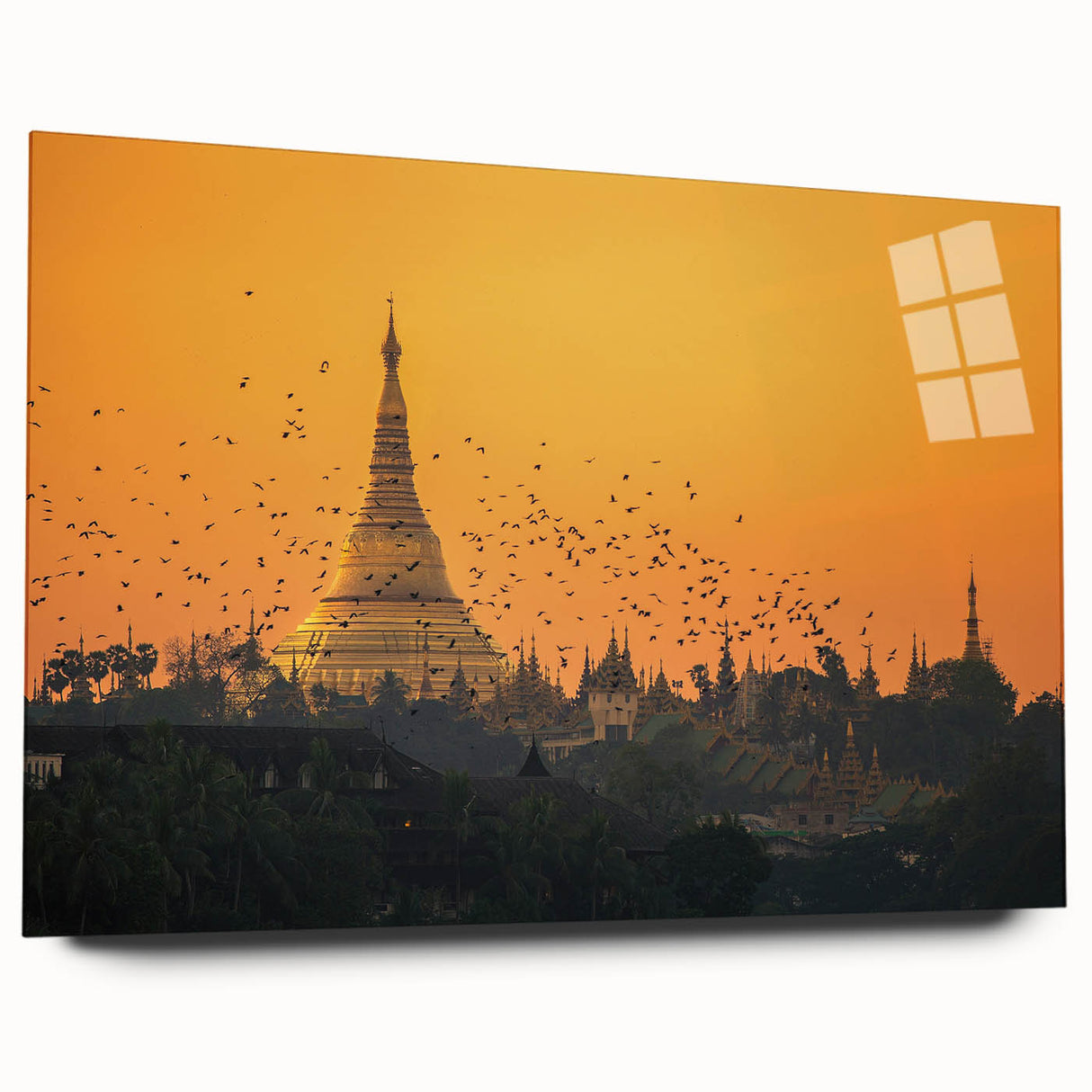 Large abstract wall art of a Myanmar landscape in muted earth tones on acrylic glass, ideal for bedroom or dining room decor.