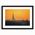 Extra large abstract art print of a vibrant, colorful Asian scenery on a textured canvas, framed in black.