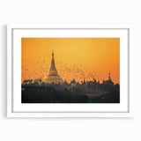 Abstract art print of a Myanmar landscape in soft pastel shades on a white framed mat.