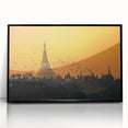 Large abstract wall art depicting a serene Myanmar landscape in muted earth tones, framed in black acrylic.