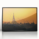 Large abstract wall art depicting a serene Myanmar landscape in muted earth tones, framed in black acrylic.