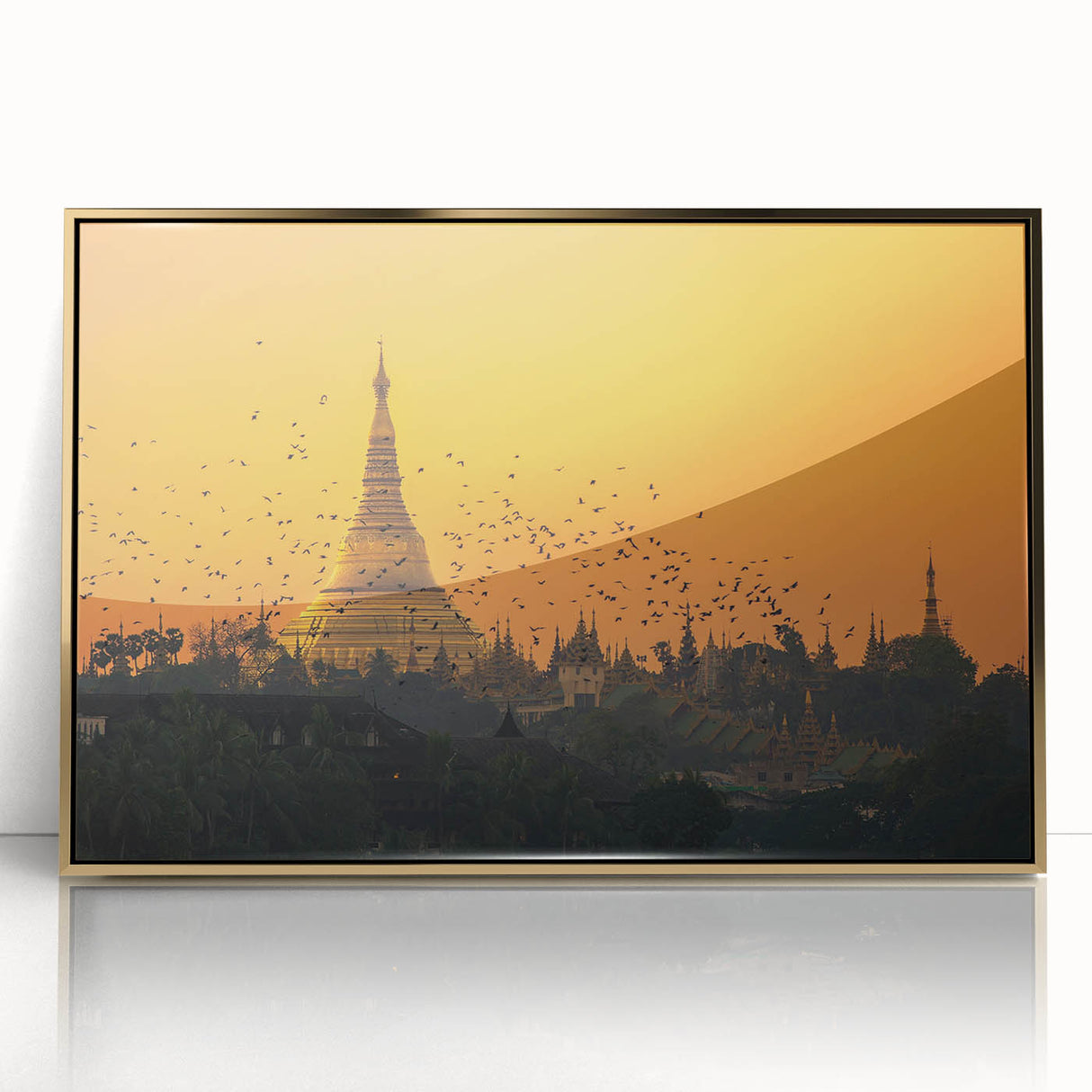 Framed acrylic print of a Myanmar landscape in mid-century modernist style, featuring muted gold and green tones.