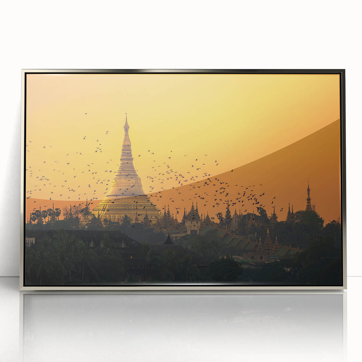 Framed acrylic print of a mid-century modernist Myanmar landscape in muted earth tones, ideal for modern art wall decor.