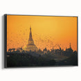 Black and white landscape art painting of a Myanmar scene on framed canvas, ideal for bedroom wall decor.