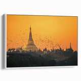 Vintage poster art of a Myanmar scenery on framed canvas, featuring black and colorful art, ideal for living room decor.