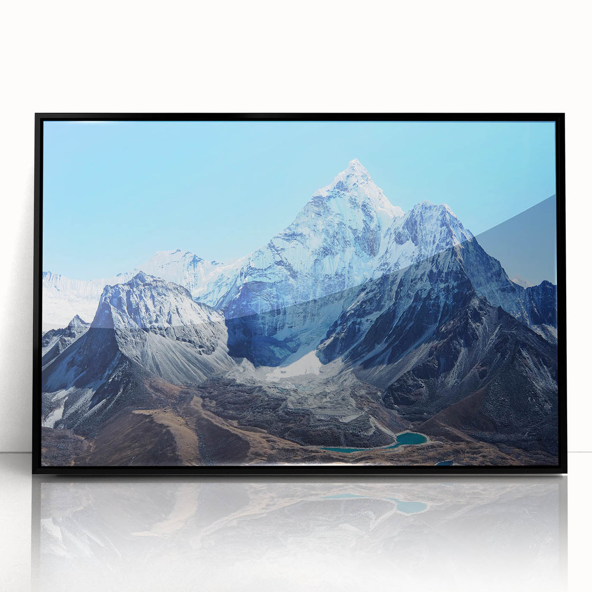 Large abstract wall art depicting the Everest scenery in Nepal, in a mid-century modernist style, framed in black acrylic.