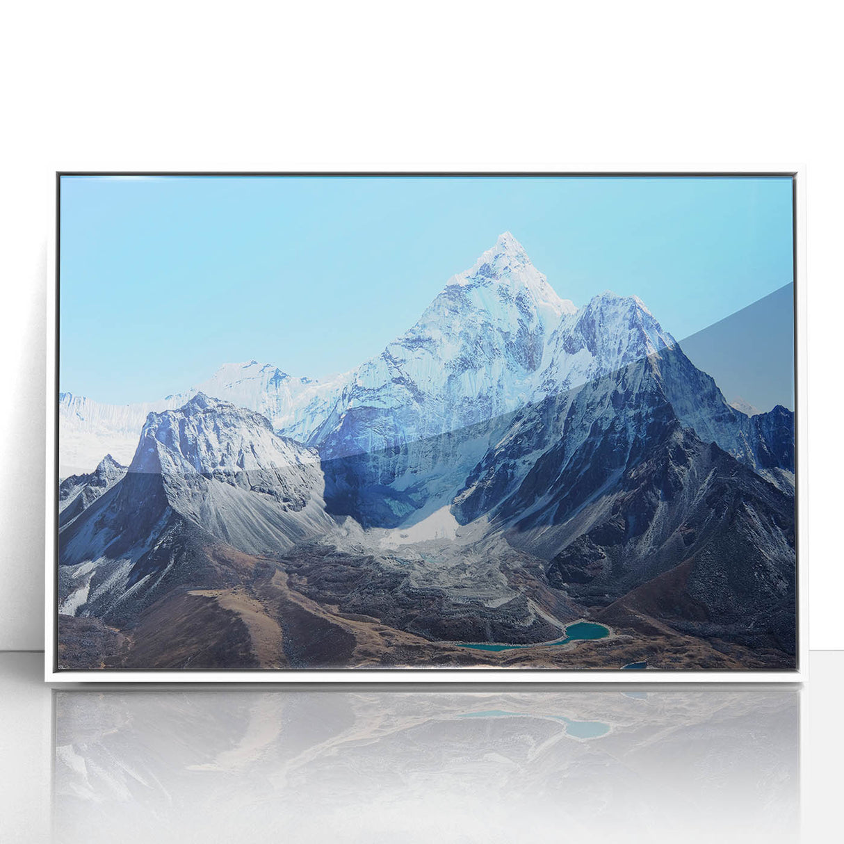 Framed acrylic print of Everest with muted earth tones, ideal for modern art wall decor in a study.