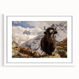 Abstract art print of a Nepalese landscape in muted earth tones on a framed white mat, ideal for dining room decor.