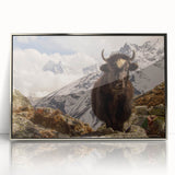 Mid-century modernist art depicting a serene Nepalese landscape in muted earth tones on a silver-framed acrylic.