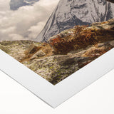 Art deco poster of a serene Nepalese landscape on rolled canvas, in soft earth tones, suitable for dining room decor.