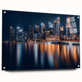 Acrylic print of Singapore skyline in vibrant twilight hues, ideal for dining room decor.