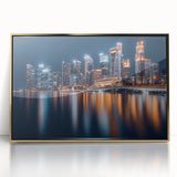 Acrylic print of Singapore skyline in gold and black tones, framed, suitable for modern art wall decor.