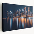 Singapore skyline depicted in vibrant twilight hues on a large stretched canvas, suitable for kitchen wall art.