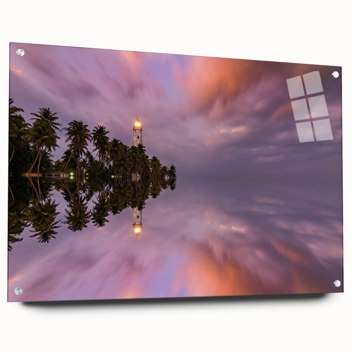 Acrylic print of a serene Sri Lankan landscape in muted green and blue tones, suitable for bedroom or dining room decor.