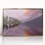 Mid-century modernist acrylic print of a serene Sri Lankan landscape in gold and green tones.