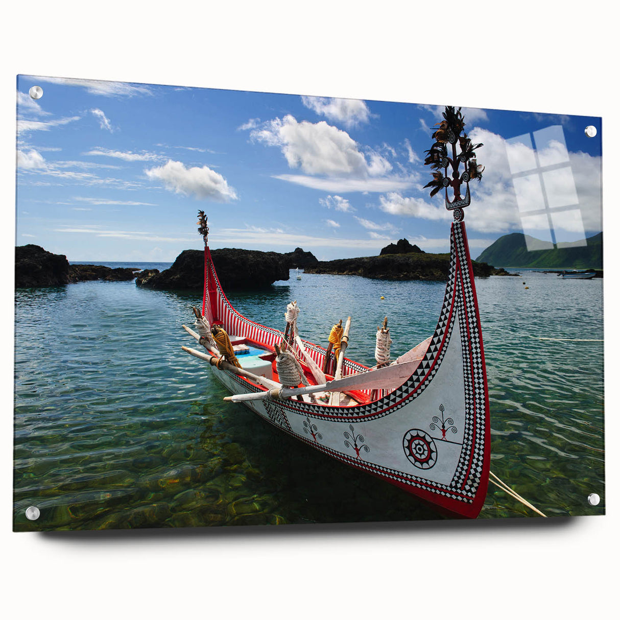 Large abstract wall art depicting a serene Taiwanese landscape in soft blues and greens, printed on acrylic glass.