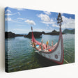 Side view of a stretched canvas depicting a serene Taiwanese landscape in soft green and blue tones.