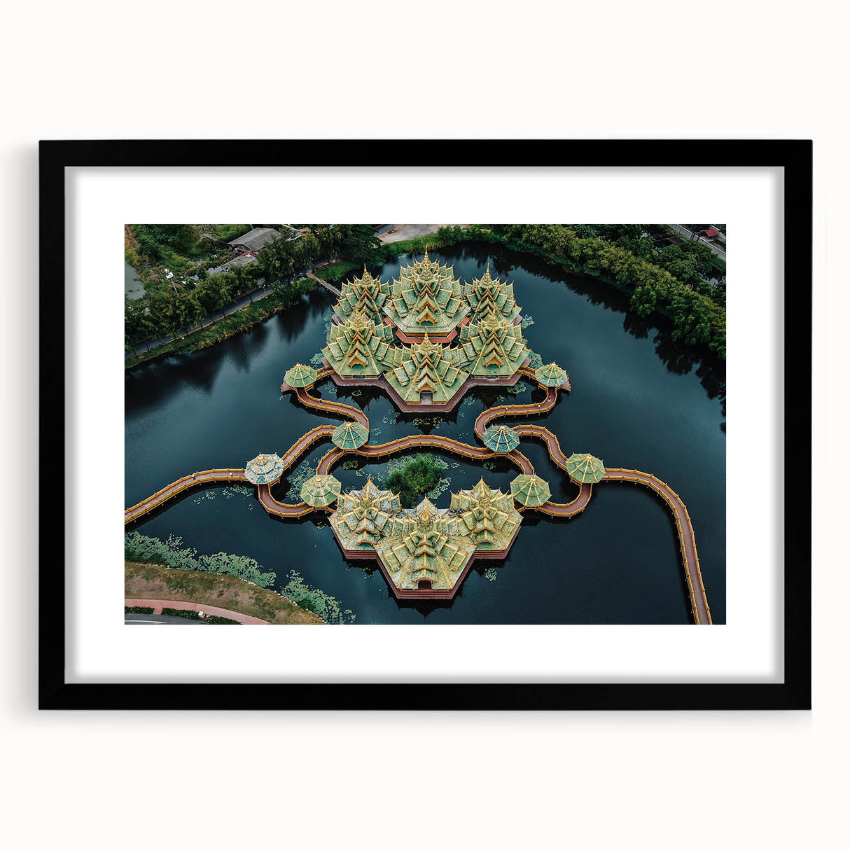 Extra large, colorful abstract art print of Bangkok scenery, textured on a black framed canvas, ideal for living room decor.