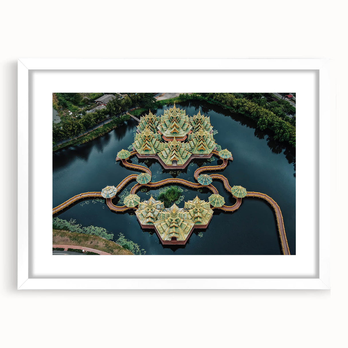 Abstract art print of Bangkok skyline in muted gray and blue tones on a framed white mat, suitable for dining room decor.