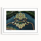 Abstract art print of Bangkok skyline in muted gray and blue tones on a framed white mat, suitable for dining room decor.