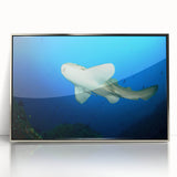 Mid-century modernist art depicting a serene Thai landscape in cool blue tones on a framed acrylic print.