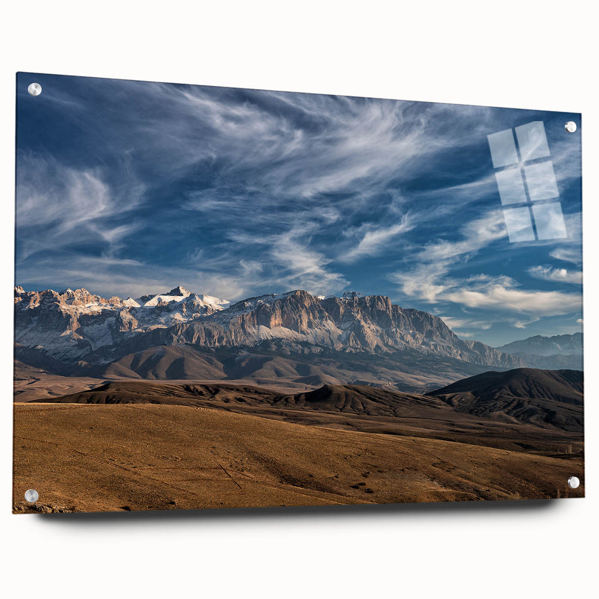 Large abstract wall art on acrylic glass showing a vibrant, colorful Turkish landscape, ideal for dining room decor.
