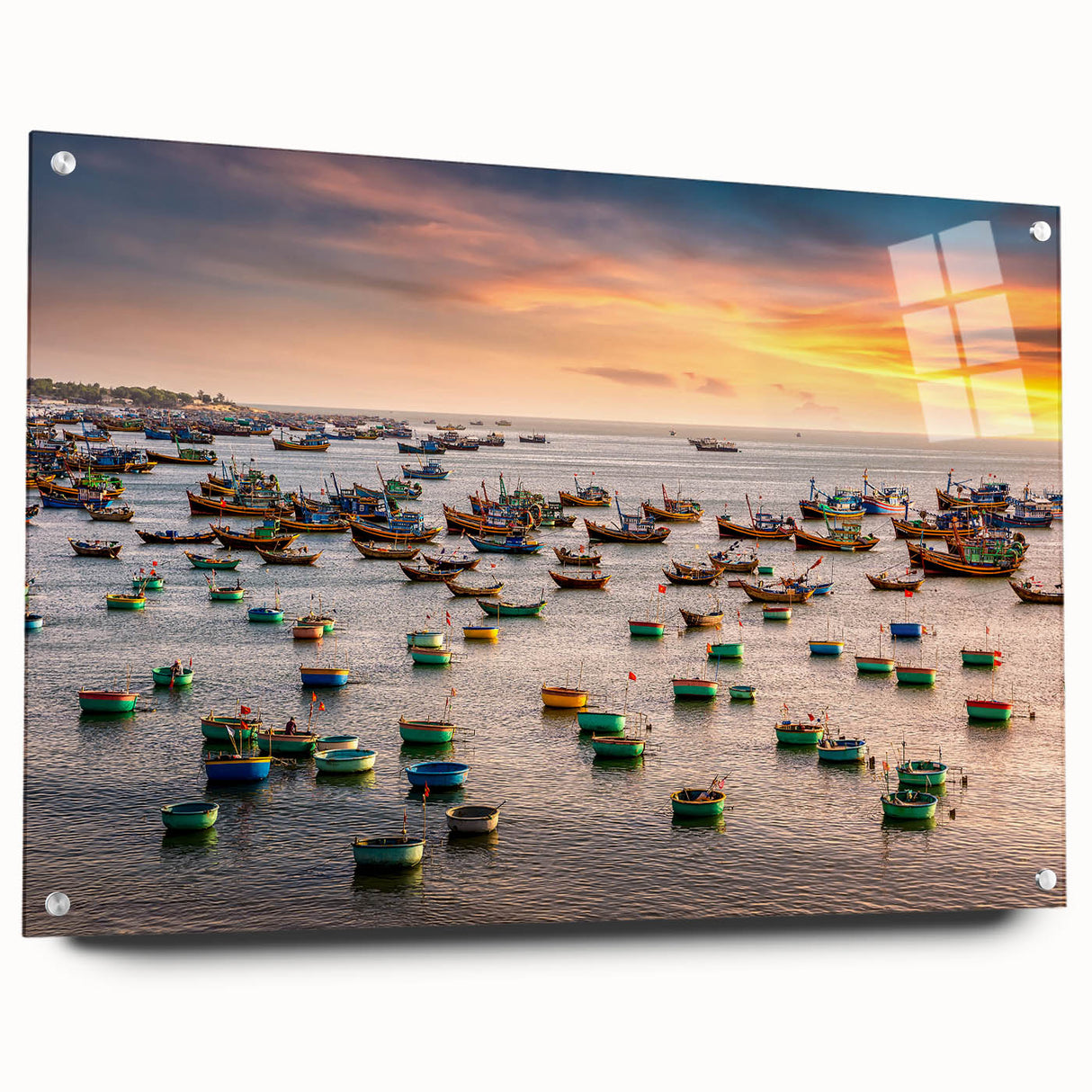 Acrylic print of a Vietnamese landscape in muted green and blue tones, suitable for bedroom or dining room decor.