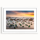 Abstract art print of a Vietnamese landscape in muted earth tones on a framed white matte, ideal for dining room decor.