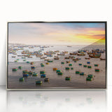 Mid-century modernist art depicting a serene Vietnamese landscape in muted greens and blues on a framed acrylic print.