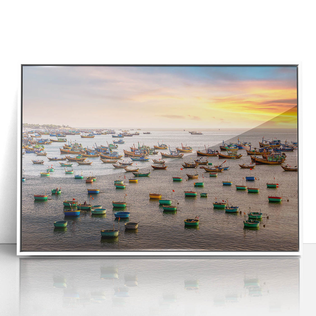 Acrylic print of a serene Vietnamese landscape in muted green and brown tones, framed in white.