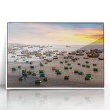 Acrylic print of a serene Vietnamese landscape in muted green and brown tones, framed in white.