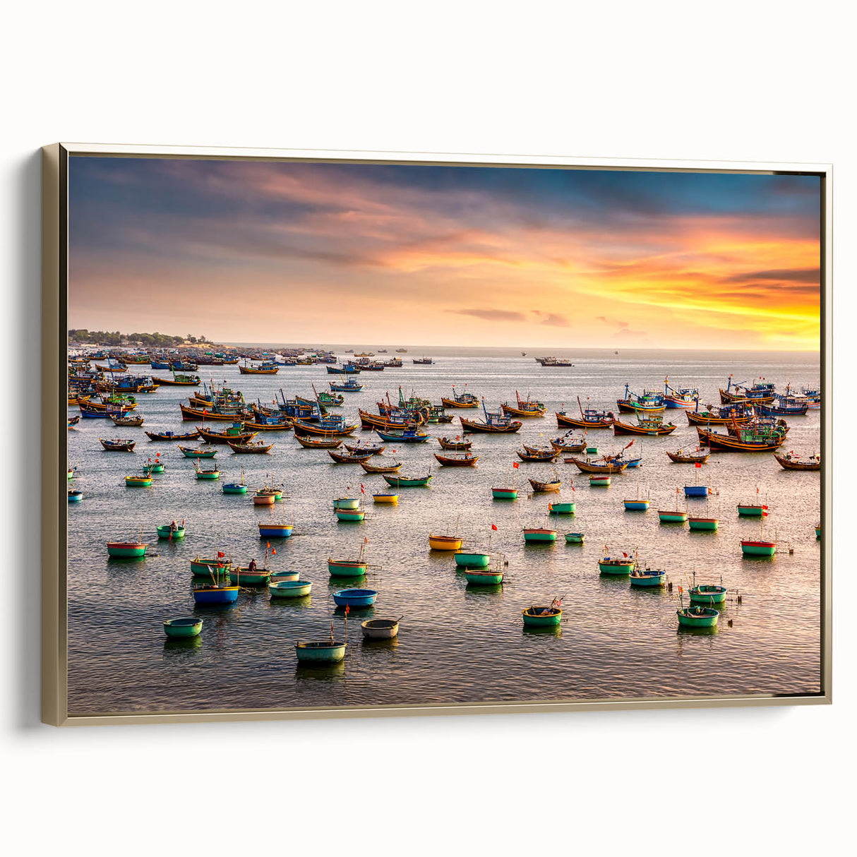 Framed canvas featuring a vintage-style landscape painting of a Vietnamese scenery in muted gold and black tones.
